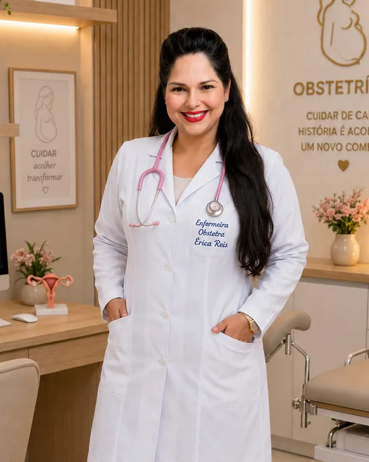 Erica Reis de pé, de jaleco branco, num consultório de obstetrícia