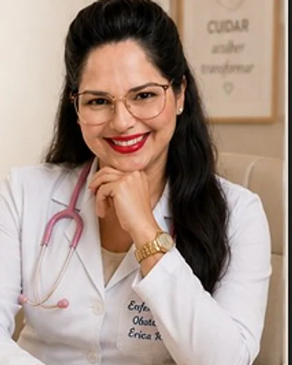Erica Reis de óculos, sorrindo, de jaleco branco