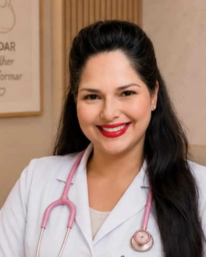 Erica Reis, enfermeira obstetra, de jaleco branco e estetoscópio, sorrindo